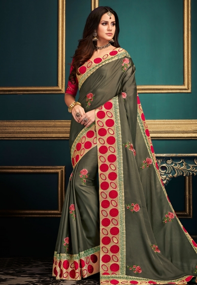 Gray satin embroidered saree with blouse  10601